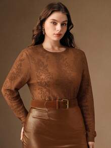 Anewsta Sheer Openwork Knit Round Neck Sweater, Elegant, Chic, Stylish, Suitable For Fall, Winter, New Year, Christmas, Going Out - Coffee Brown - View 6