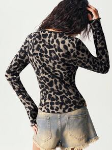 Bohemela Pull tricoté décontracté à col V, manches longues et coupe près du corps, imprimé léopard pour femme