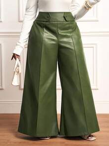Veslaya 2025 春夏新品非洲波西米亚音乐节休闲度假优雅海岛度假派对鸡尾酒通勤日常穿着纯色松紧腰喇叭裤，女式加大码下装 - 軍綠色 - 查看 6