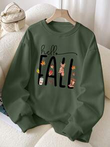 INAWLY Plus Size Fall Print Crew Neck Long Sleeve Sweatshirt - Army Green - View 5