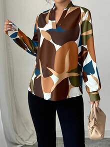 Elenzga Women's Casual Vacation Style All-Over Print Notched Collar Lantern Sleeve Loose Blouse, Spring/Autumn Fall Cloth For Women