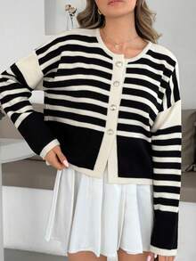 EURMUSE 女士黑白休闲毛衣 - 黑與白 - 查看 1