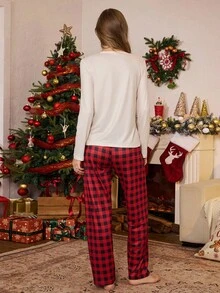 CoupledUp 2 件圣诞驯鹿印花长袖红格子睡衣套装，女士舒适优雅细节，秋季服装 - 彩色 - 查看 2