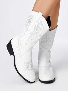 ROMWE Women's White Western Embroidered Cowboy Knee-High Boots, Low Heel Leather Motorcycle Boots, Women's Ankle Boots - White - View 1