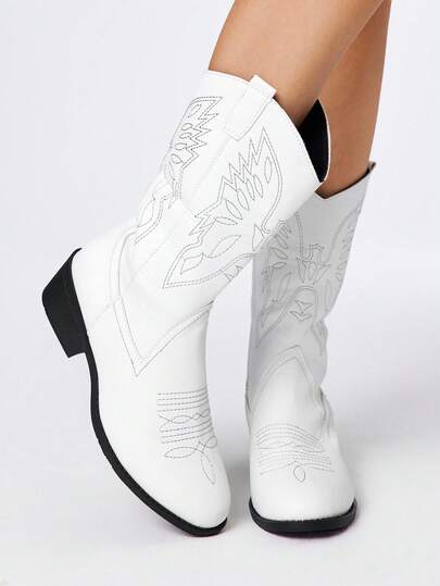 بوت كاوبوي نسائية بطول الركبة بتطريز غربي أبيض، بوت جلدية للدراجات النارية ذات كعب منخفض، بوت كاحل نسائية وأحذية قصيرة