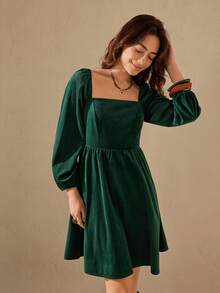 Wildy Fall Dress Long Sleeve Women's Casual Vintage Solid Color Mini Dress Dark Green Dress Square Neck Dress Lantern Sleeve Dress Corduroy Dress Forest Green Dress Graduation Dress For Women Winter Dresses For Women Elegant Dress - Dark Green - View 3
