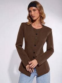 COSMINA Women's Solid Color Long Sleeve Single-Breasted Casual Commuter Regular Jacket, Autumn,Brown Jacket,Fall - Brown - View 3