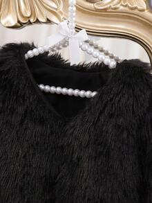 SHEIN Elladie kids 女宝宝简约纯色蓬松短外套，适合外出，秋冬 - 黑色 - 查看 4
