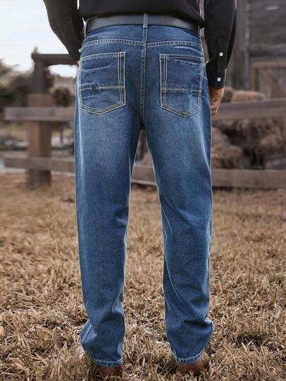 Manfinity Nomadique Herren Retro Western Cowboy Style Loose Straight Leg Jeans Washed Blue Loose Wide Leg Vacation Für Cordjeans