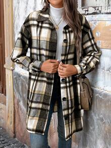 SHEIN LUNE Women's Casual Long Sleeve Plaid Shirt-Style Coat Flannel Jacket Women Plaid Shirt Jacket Women Fall Jackets Women Women Plaid Shirts Plaid Shacket Flannels For Women Plaid Button Up Plaid Shirt Women Fall Women Clothes Women Plaid Coat - Black - View 2