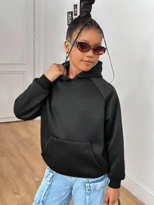 SHEIN 少女白色星星印花宽松插肩袖黑色卫衣，适合女孩冬季、秋季和休闲穿着，运动风、秋冬季日常休闲及上学穿着皆宜，保暖内衬。 - 黑色 - 查看 2