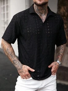 Manfinity Homme Men's Knitted Hollow Textured Black POLO Shirt Men Knitted Shirt - Black - View 6