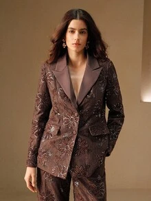 Anewsta Áo khoác blazer công sở thanh lịch đính sequin vai họa tiết - Cà phê nâu - Xem 4