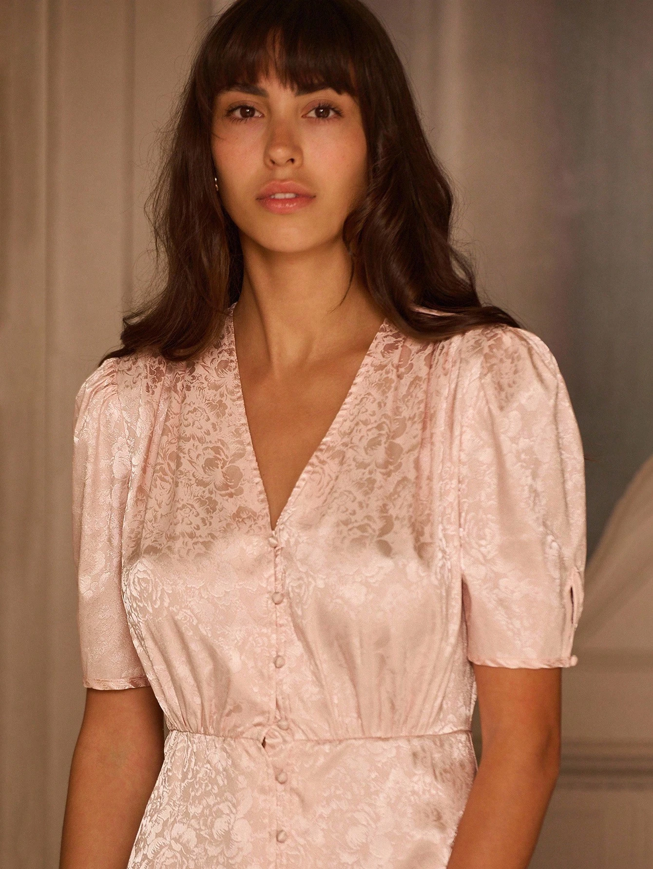 Vintage Style Pink Satin Floral Jaquard Midi Dress With Button Front Detail Spring Women Clothes Spring Summer Pink Dress Business Casual Dress Elegant Dress French Style Parisian Style