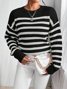 Zielony 女士休闲条纹圆领落肩长袖毛衣，秋季 - 黑色 - 查看 4