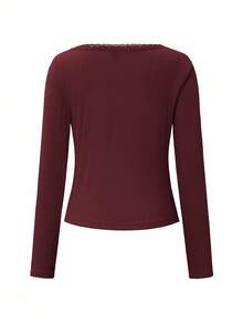 Almamuse ChicEase 女式甜美蕾丝边长袖 T 恤，修身款三扣休闲白色 T 恤上衣夏季 - 酒紅色 - 查看 6