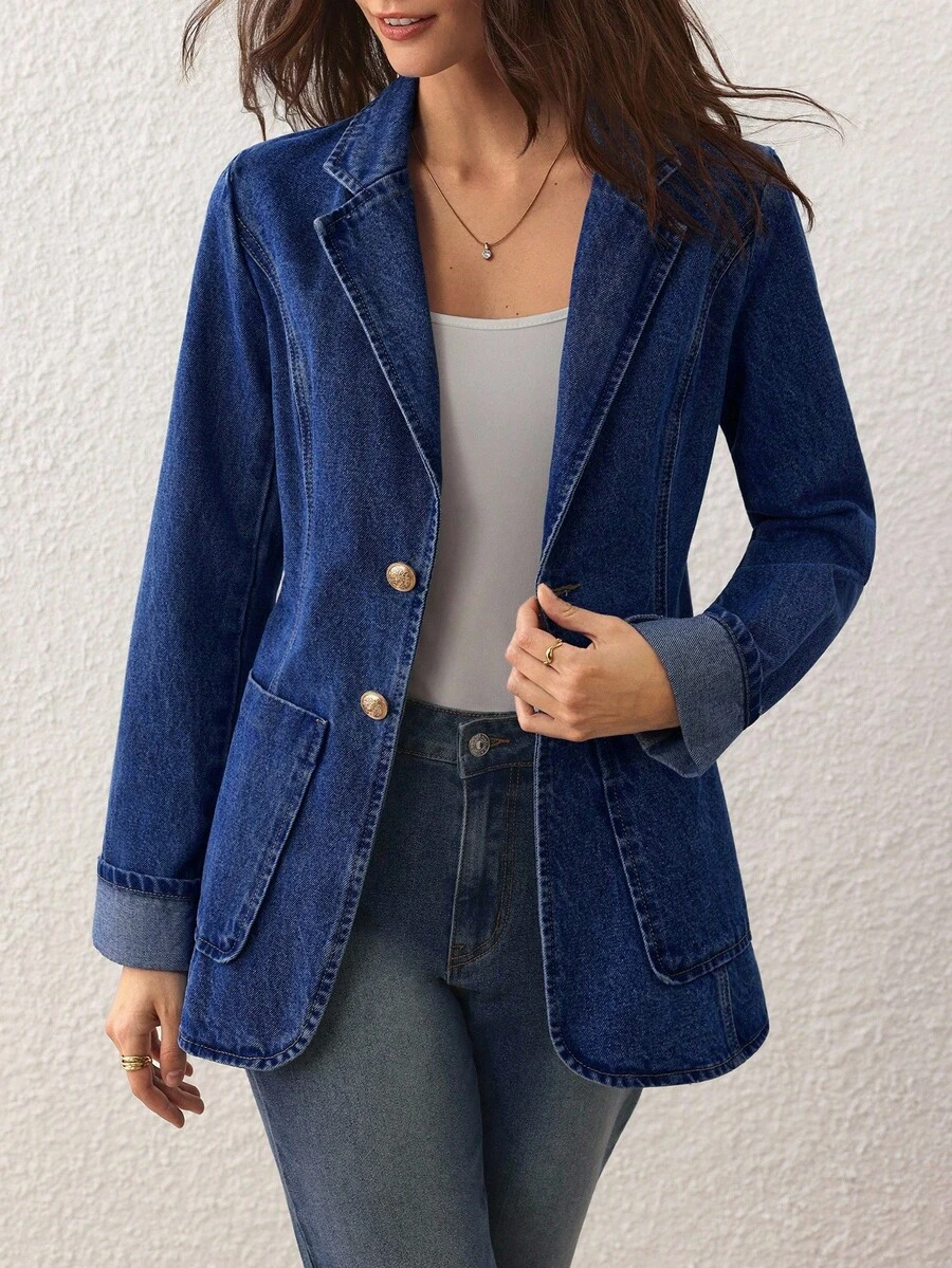 Selenza 女式秋季翻领长袖单排扣休闲牛仔西装外套 - 藍色 - 查看 1