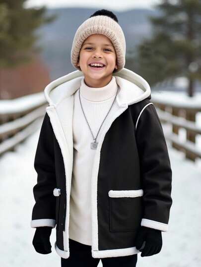 SHEIN Tween Boys' Casual PU Composite Thermal Lined Thickened Turndown Collar Zip-Up Jacket Winter Autumn Boys Boy Kids Boys Kids Boy Tween Boys Fall