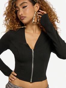 SUMWON WOMEN Cardigan negru, crop, cu mânecă lungă, cu fermoar și decolteu în V, model striat, toamnă-iarnă - Negru - Vizualizare 6