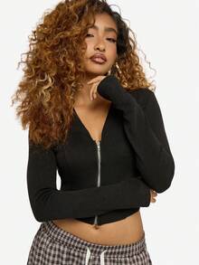 SUMWON WOMEN Cardigan negru, crop, cu mânecă lungă, cu fermoar și decolteu în V, model striat, toamnă-iarnă - Negru - Vizualizare 7