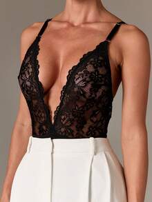 AiiRZ 深 V 领蕾丝紧身衣，透明花卉图案内衣，连体紧身晚会俱乐部夜间外出装，夏季时尚 - 黑色 - 查看 6