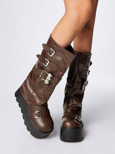 Grunge Punk Stivali alla caviglia con suola spessa, stile punk, fibbia a pipistrello, design marrone, punta tonda, in pelle, stile moda all'aperto, slip-on, metà polpaccio, autunno/inverno 2025, Ognissanti