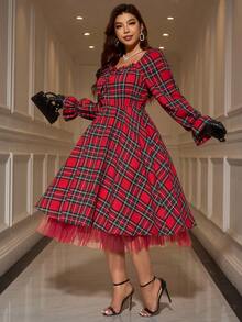 Gownix Váy lưới kẻ caro dự tiệc thời trang cỡ lớn - Đỏ - Xem 4