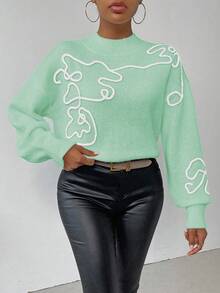 SHEIN LUNE 女士休闲3D图案针织毛衣，秋冬 - 綠色 - 查看 3
