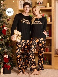 CoupledUp Conjunto de Pijama Confortável de Casal com Estampa de Biscoito de Gengibre e Doces Coloridos, Gola Careca, para Homens - Preto - Visão 1