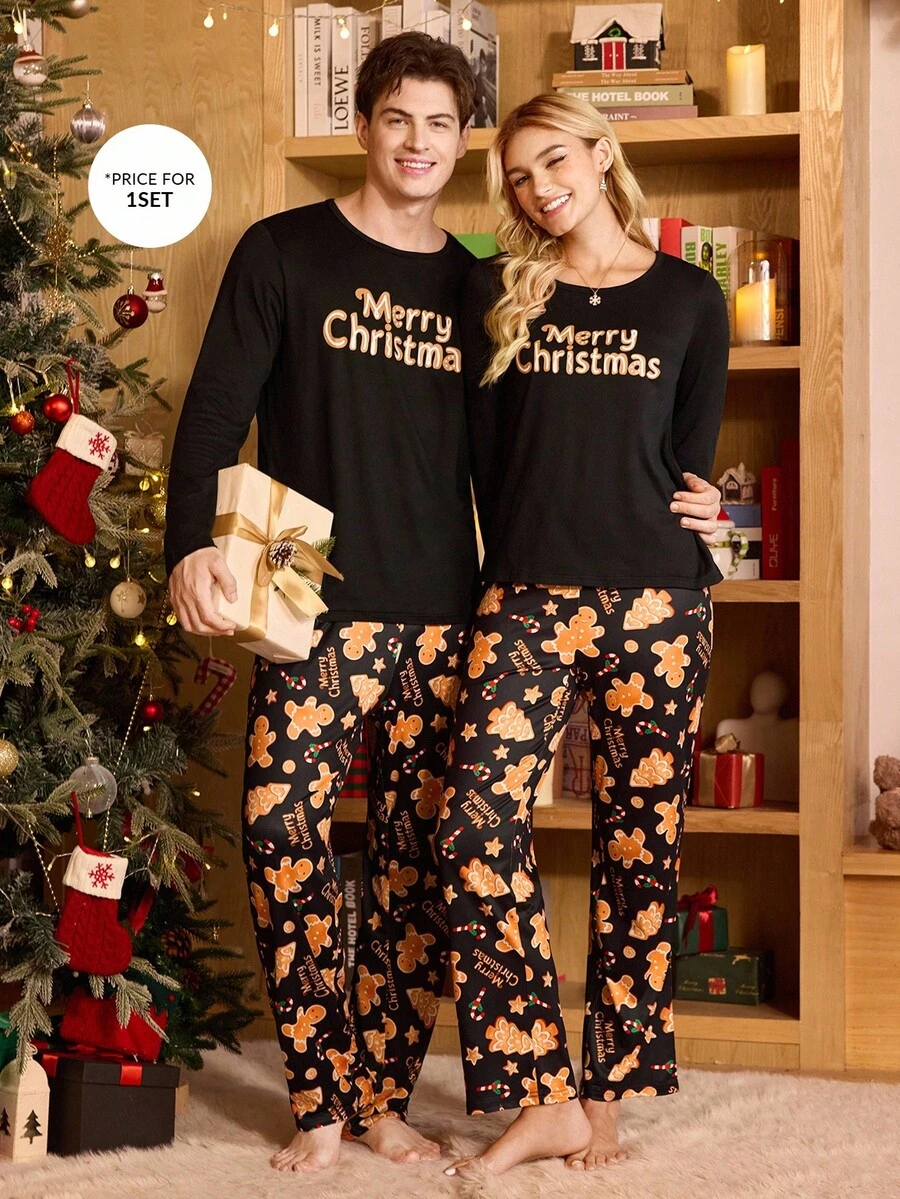 CoupledUp Conjunto de Pijama Confortável de Casal com Estampa de Biscoito de Gengibre e Doces Coloridos, Gola Careca, para Homens - Preto - Visão 1