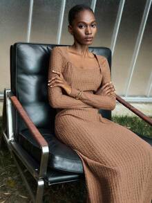 Lumivelle Women's Elegant Minimalist Fitted Bubble Textured Square Neck Long Sleeve Dress, Autumn/Winter