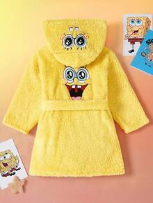 SpongeBob SquarePants | SHEIN 男婴卡通大脸刺绣毛绒腰带睡袍，秋冬家居服 - 黃色 - 查看 2