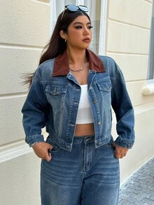 SHEIN ICON Plus Size Women Casual Street Denim Jacket, Autumn/Winter - Medium Wash - View 7