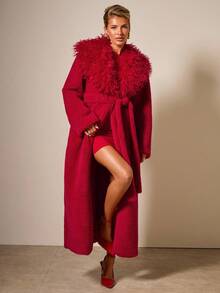COSMINA 女士休闲纯色加厚保暖长袖仿皮草夹克，秋冬 - 紅色 - 查看 1