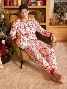 CoupledUp Bộ đồ ngủ cổ tròn sọc màu theo chủ đề Giáng sinh đôi dành cho nam Bộ đồ ngủ Giáng sinh phù hợp Bộ đồ ngủ Giáng sinh cho cặp đôi Bộ đồ ngủ Giáng sinh cho cặp đôi, Quần áo mùa thu đông - Đỏ - Xem 3