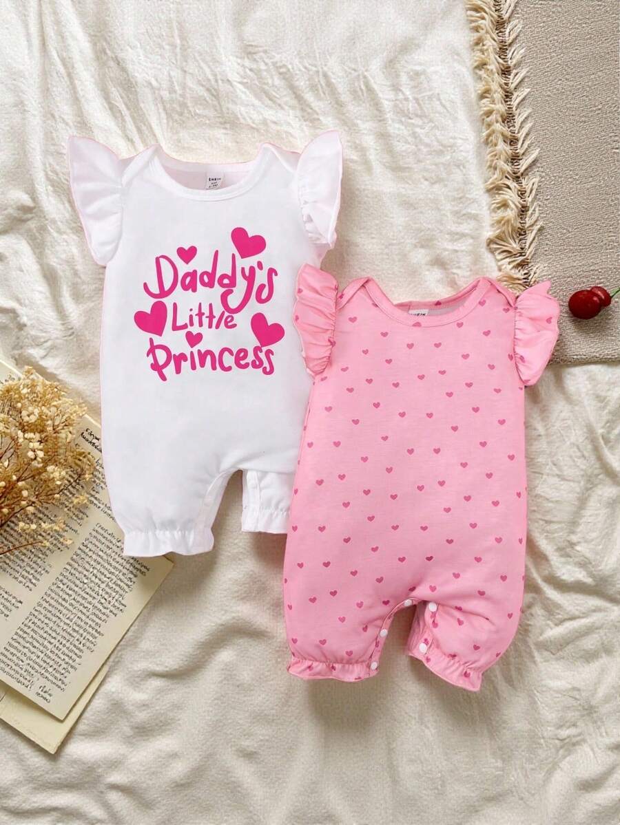 SHEIN 2pcs Baby Girl Heart Print Cap Sleeve Knitted Romper With Slogan And Ruffle Hem, Spring/Summer - Multicolor - View 1