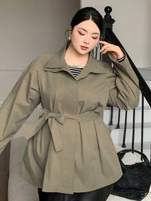 Dazy Plus Plus Size Women Stand Collar Long Sleeve Tie Waist Casual Trench Coat, Spring/Autumn Jacket