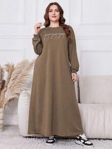 Lacomfia 大码纯色圆领长袖蝴蝶印花中长连衣裙 - 卡其色 - 查看 1