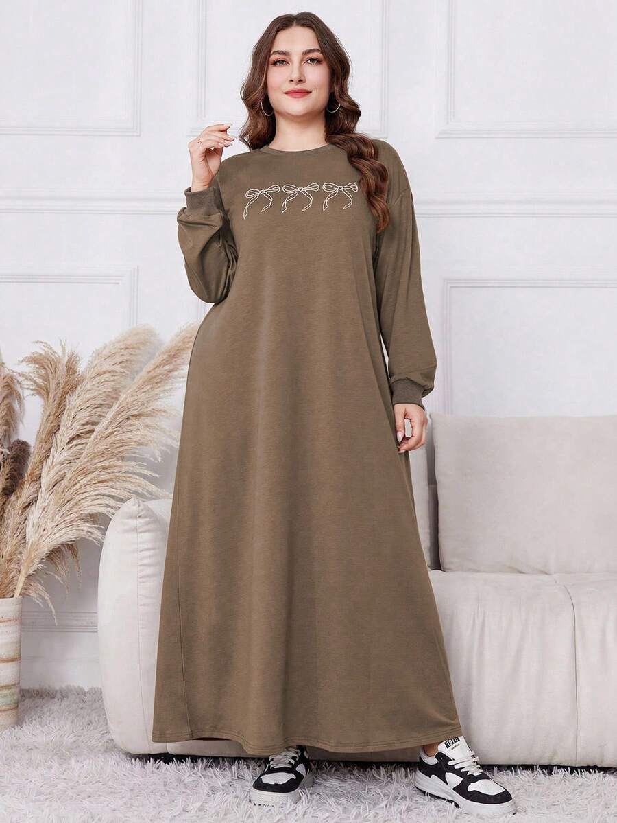 Lacomfia 大码纯色圆领长袖蝴蝶印花中长连衣裙 - 卡其色 - 查看 1