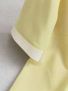 SHEIN PETITE 2pcs/Set Contrast Color V-Neck Shirt & Casual Pants Suit - Yellow - View 3