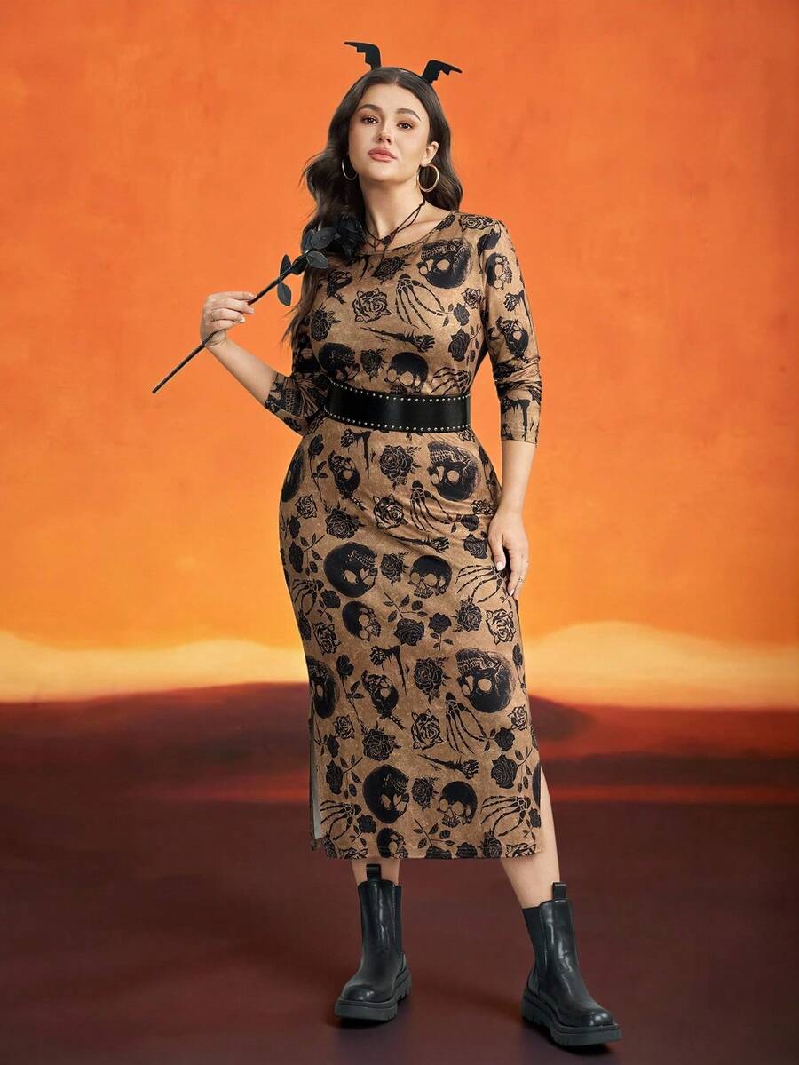 SHEIN LUNE Plus Size Round Neck Long Sleeve Fitted Elegant Charming Striped Design Midi Dress Brown,Autumn,Goth,Rave Fall Women Halloween Party Dress - Multicolor - View 1