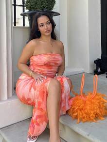 NegzBox Women's Floral Print Ruffle Hem Bustier Dress For Holiday - Orange - View 5