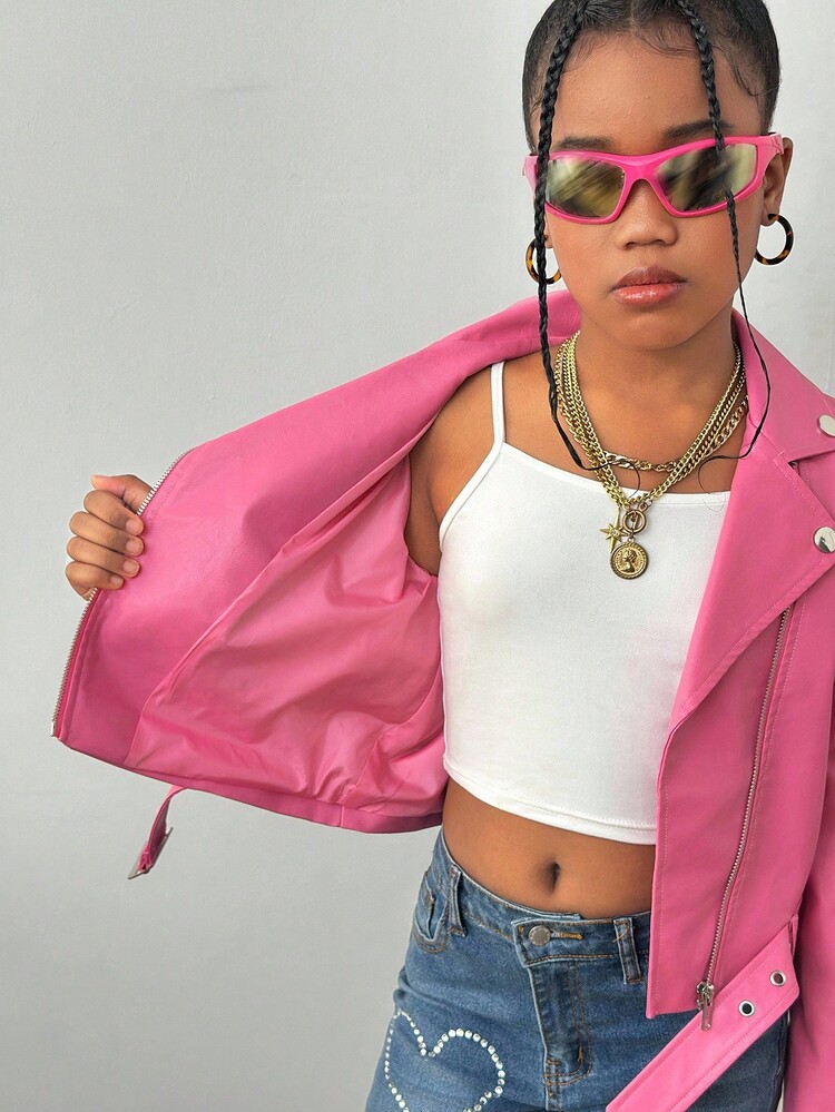 SHEIN Tween Girl Casual Cool Solid Color Motorcycle PU Leather Jacket, Autumn/Winter Fall - Watermelon Pink - View 6