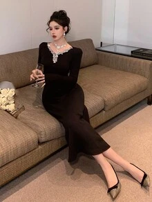 DAZY Women's Beaded Hollow-Out Long Sleeve Cinched Waist Fitted Elegant Dress Prom Dress Sweater Dress