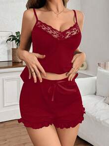 SHEIN 性感蕾丝拼接纯色牛奶丝吊带背心和短裤女士睡衣套装