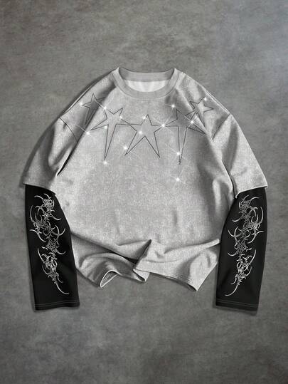 Manfinity Roghcode 男士圆领水钻五角星图案撞色休闲时尚 T 恤男士图案 T 恤图案长袖男士长袖短款上衣男士灰色图案衬衫水钻星星衬衫，秋季