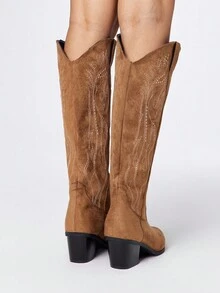 ROMWE Kawaii Botas occidentales de mujer con diseño hueco de alas de mariposa bordadas en marrón, nuevas botas de piel por encima de la rodilla para primavera/otoño - Caqui - Ver 5