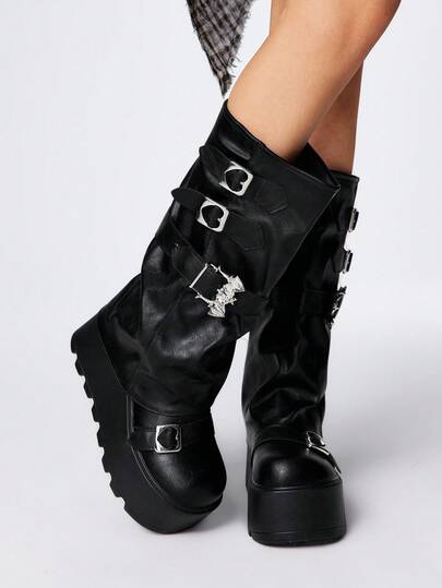 Grunge Punk Stivali alla caviglia con suola spessa, stile punk, con fibbia, per l'autunno/inverno 2025, stivali in pelle da esterno alla moda, slip-on, fino a metà polpaccio