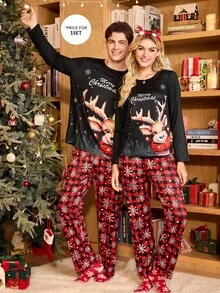 CoupledUp 情侣款圣诞休闲长袖睡衣套装，鹿纹格子雪花图案，适合秋冬季穿着，圣诞睡衣套装，情侣款圣诞睡衣，圣诞睡衣，圣诞服装 - 黑色 - 查看 1