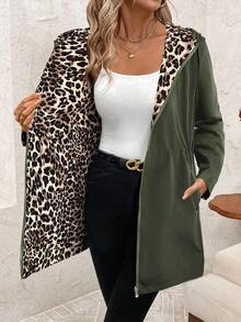 SHEIN Clasi Reversible Leopard Print Casual Zip-Up Long Sleeve Jacket For Women,Fall,Cheetah Print - Army Green - View 1